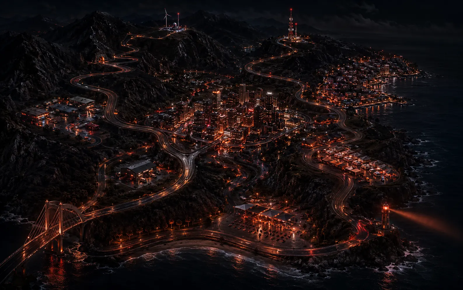 An isometric night map of the MegaRider world: a coastal road running from a bridge past a lighthouse and a mountain pass to a city